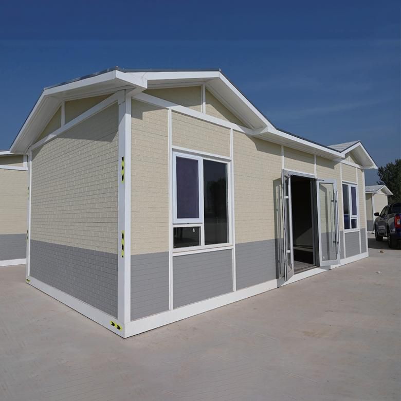 Flat pack emergency house unit with brick-finish panels