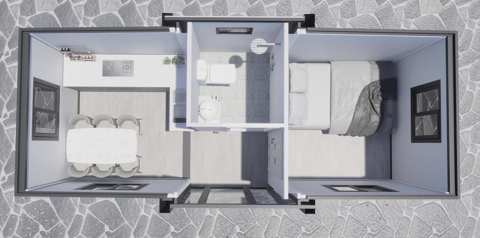 Floor plan render of double-wing expandable house