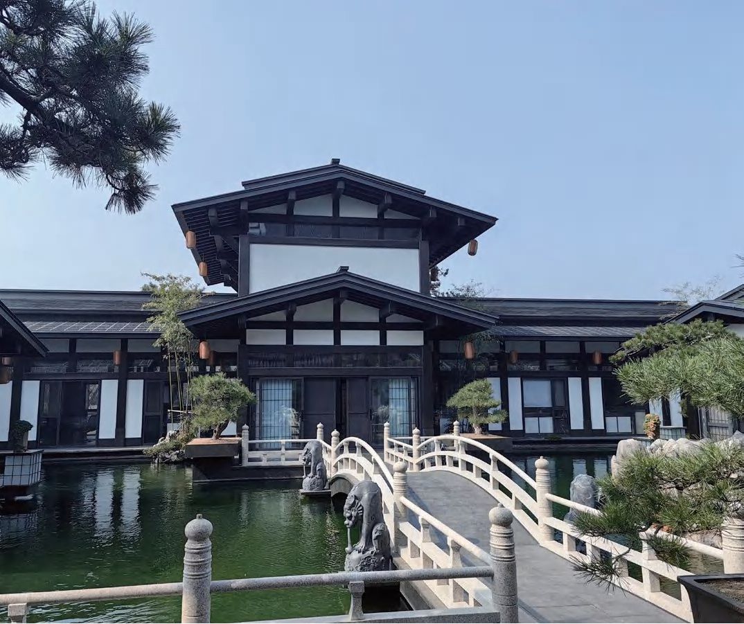Courtyard villa with solar roof tiles reflected in pond